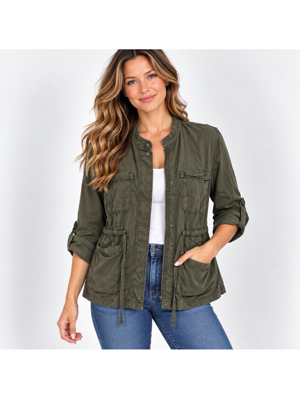 Social Standard by Sanctuary Olive Green Tencel Utility Jacket Womens Large L